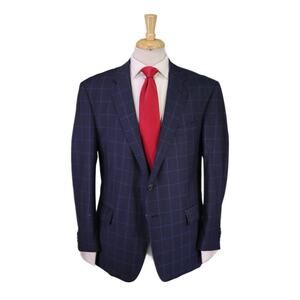 Zeke Executive Navy Blue Windowpane 2-Btn Wool Suit Portly 42S